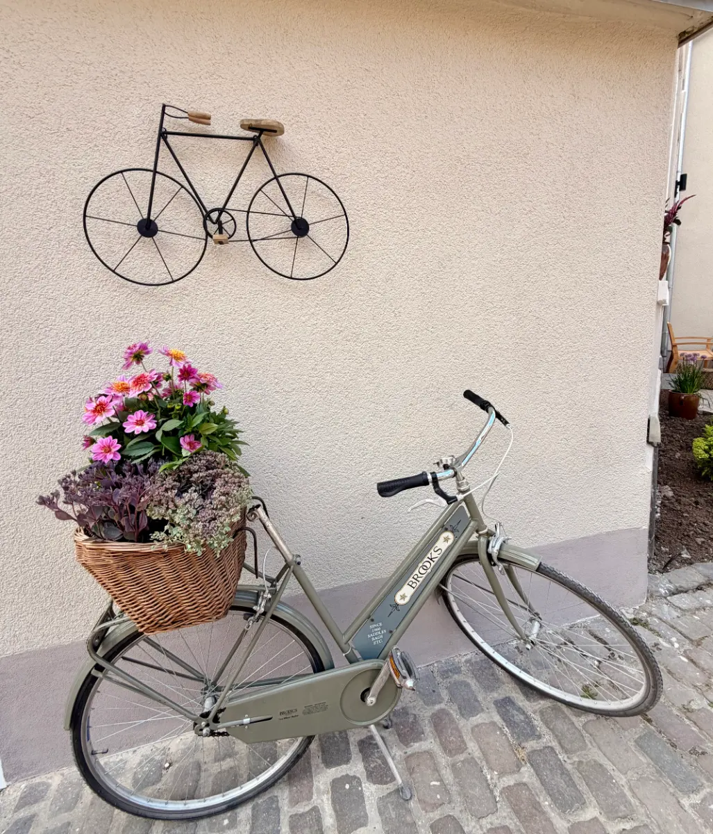 Fahrrad mit Blumenkorb vor der Fahrradgarage des Markt Quartiers in Nierstein.